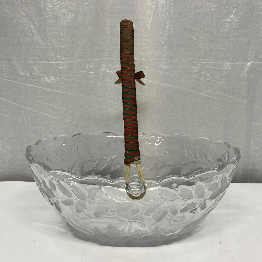 Glass Bowl Poinsettia Holly Berry Etched Handle Basket Holiday Serving Dish‎